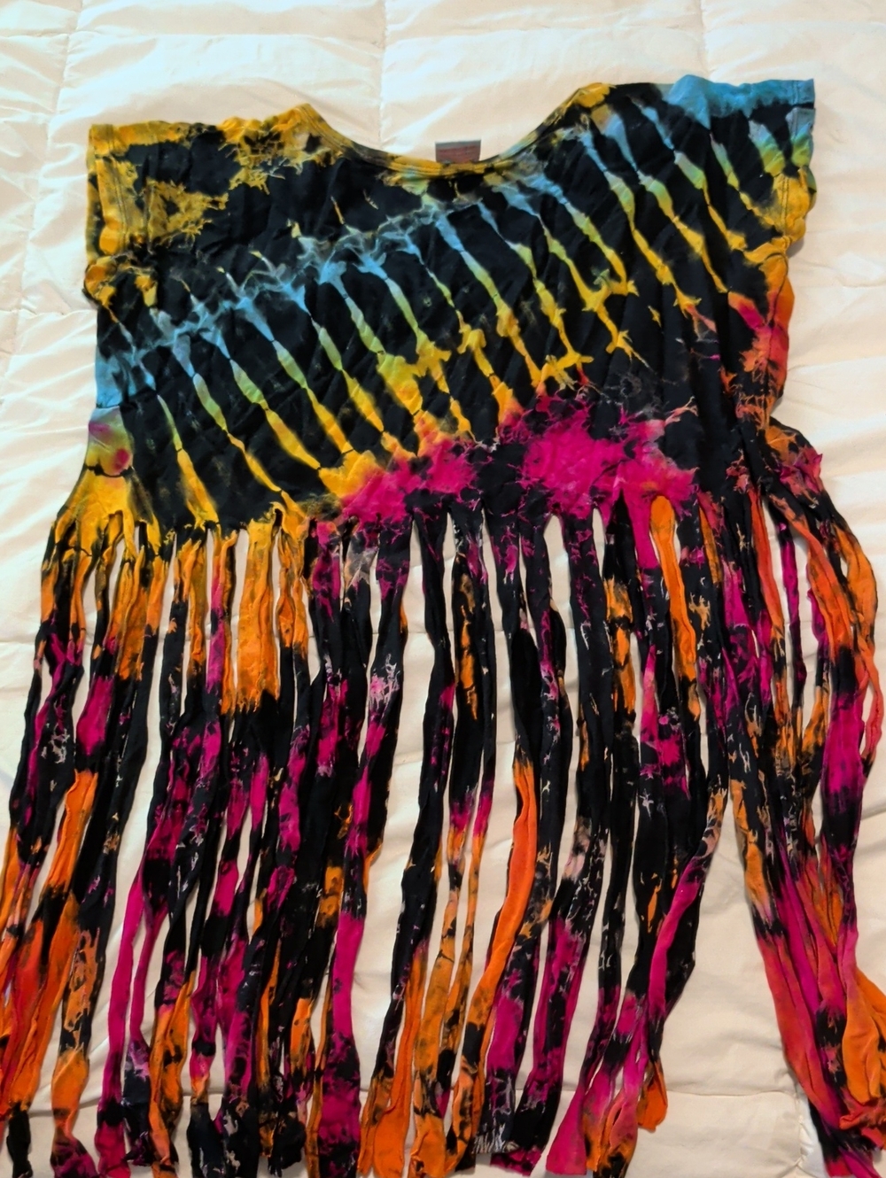 Tie-Dye Fringe Crop Top in Black, Pink & Orange